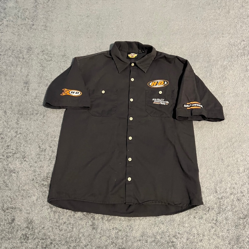 Vintage Harley Davidson Racing Shirt Large Short Sleeve Button Up Work Shirt